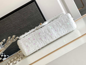 Chanel A01112 Flap Classic Handbag Tweed beads& Silver-Tone Metal White - Default Title - View 4