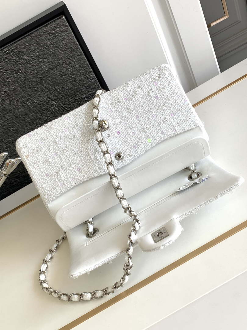 Chanel A01112 Flap Classic Handbag Tweed beads& Silver-Tone Metal White - Default Title - View 6