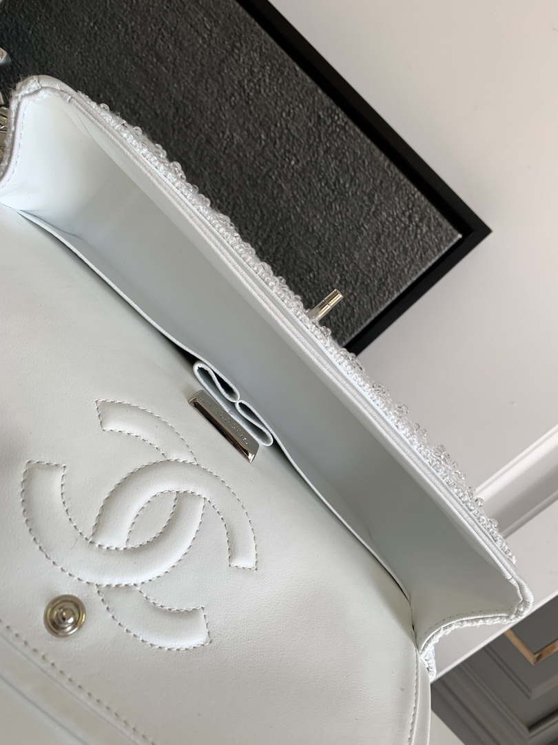 Chanel A01112 Flap Classic Handbag Tweed beads& Silver-Tone Metal White