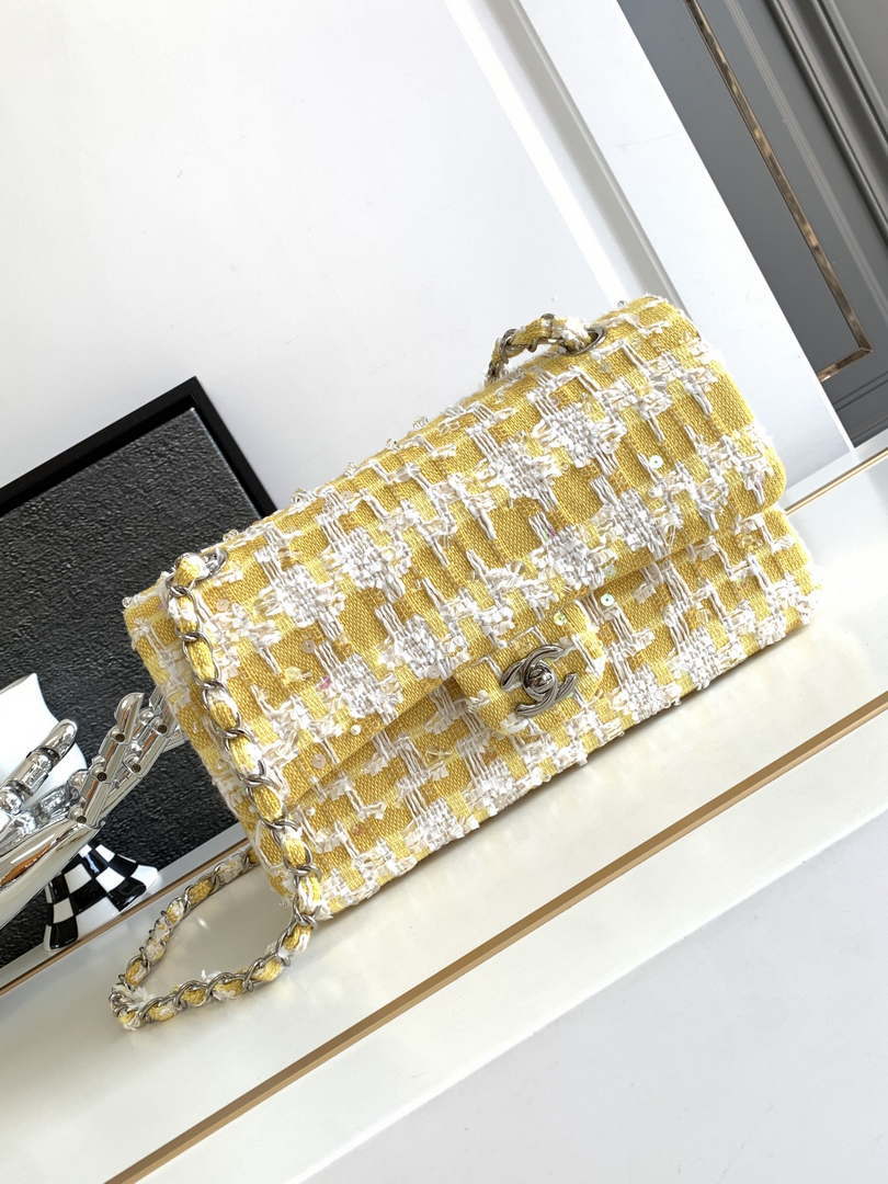 Chanel A01112 Flap Classic Handbag Tweed beads& Silver-Tone Metal Yellow - Default Title - View 1