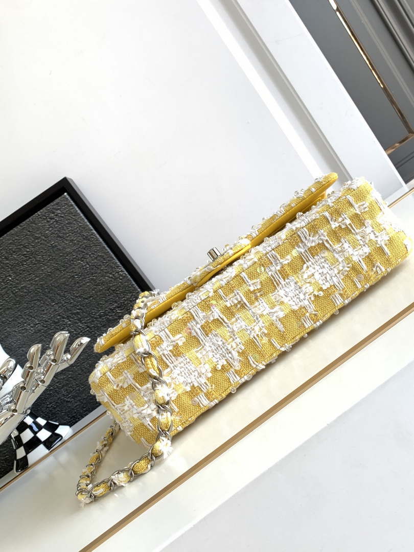 Chanel A01112 Flap Classic Handbag Tweed beads& Silver-Tone Metal Yellow - Default Title - View 4