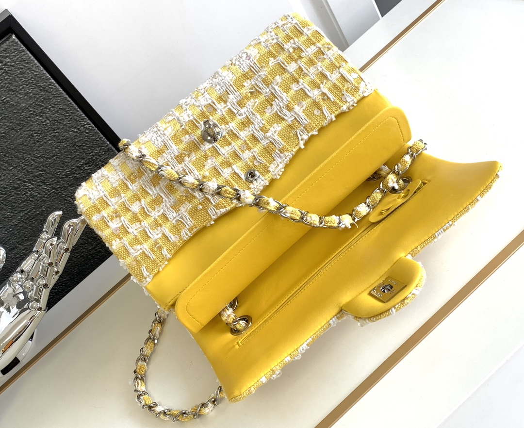 Chanel A01112 Flap Classic Handbag Tweed beads& Silver-Tone Metal Yellow - Default Title - View 6