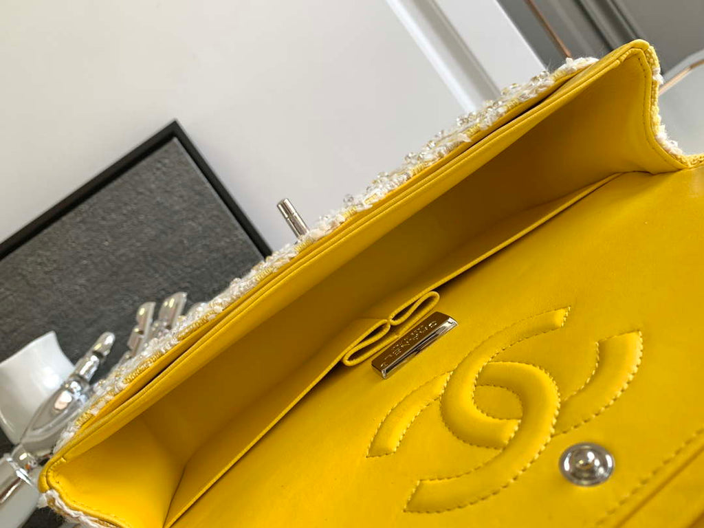 Chanel A01112 Flap Classic Handbag Tweed beads& Silver-Tone Metal Yellow
