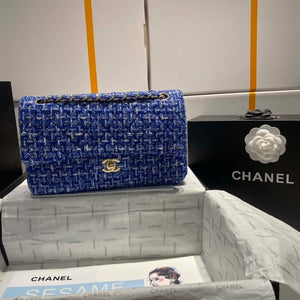 Chanel A01112 Flap Classic Handbag Tweed & Gold-Tone Metal Blue - Default Title - View 1