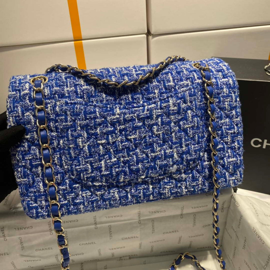 Chanel A01112 Flap Classic Handbag Tweed & Gold-Tone Metal Blue