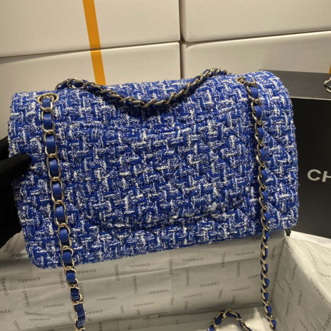 Chanel A01112 Flap Classic Handbag Tweed & Gold-Tone Metal Blue - Default Title - View 6
