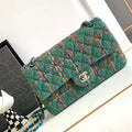 Chanel A01112 Flap Classic Handbag Tweed & Silver-Tone Metal Green - Default Title - View 1