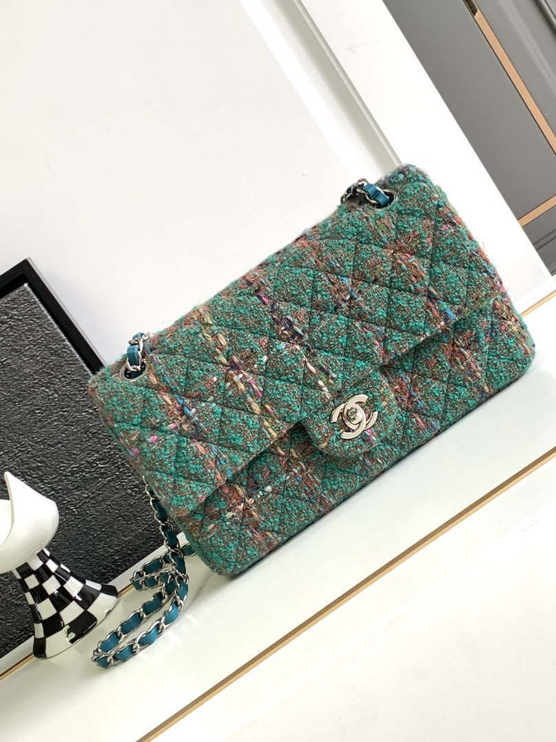 Chanel A01112 Flap Classic Handbag Tweed & Silver-Tone Metal Green - Default Title - View 1