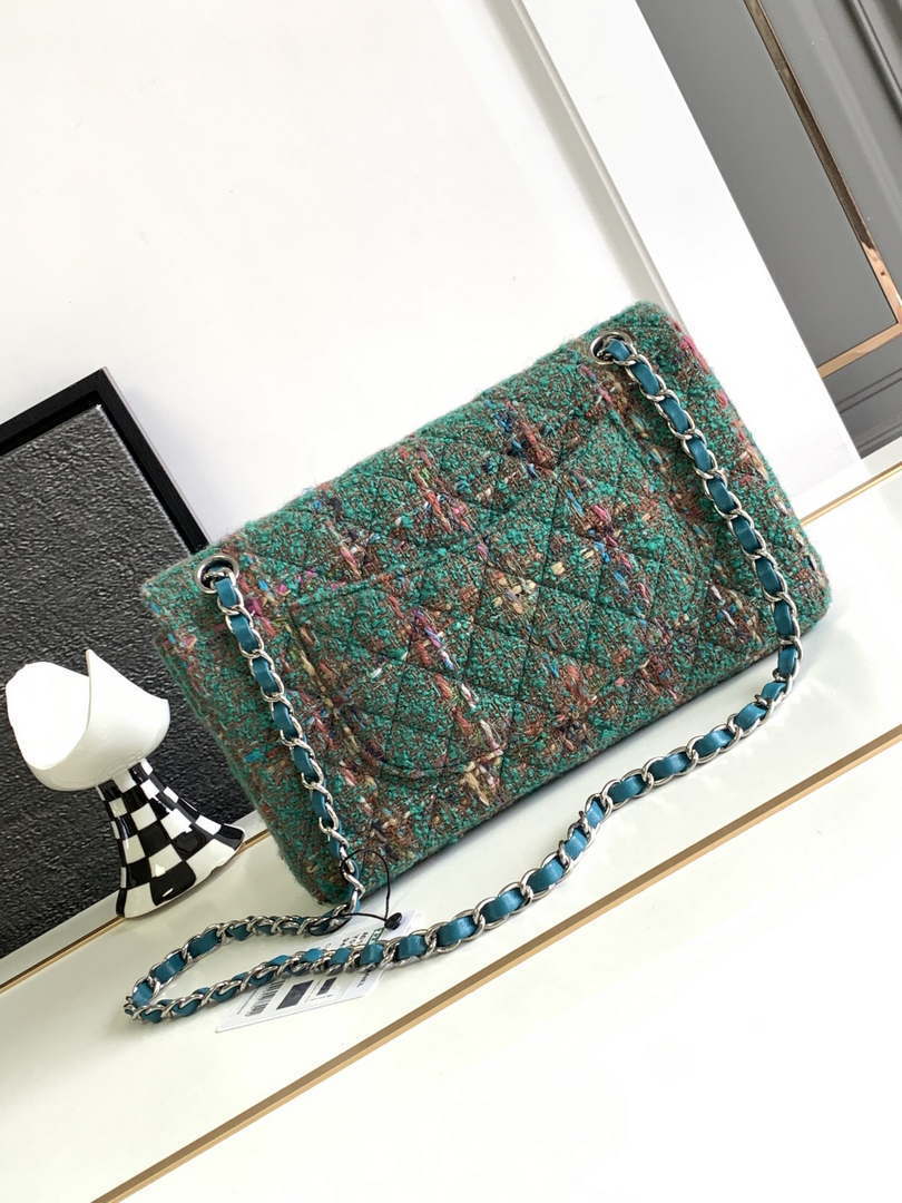 Chanel A01112 Flap Classic Handbag Tweed & Silver-Tone Metal Green