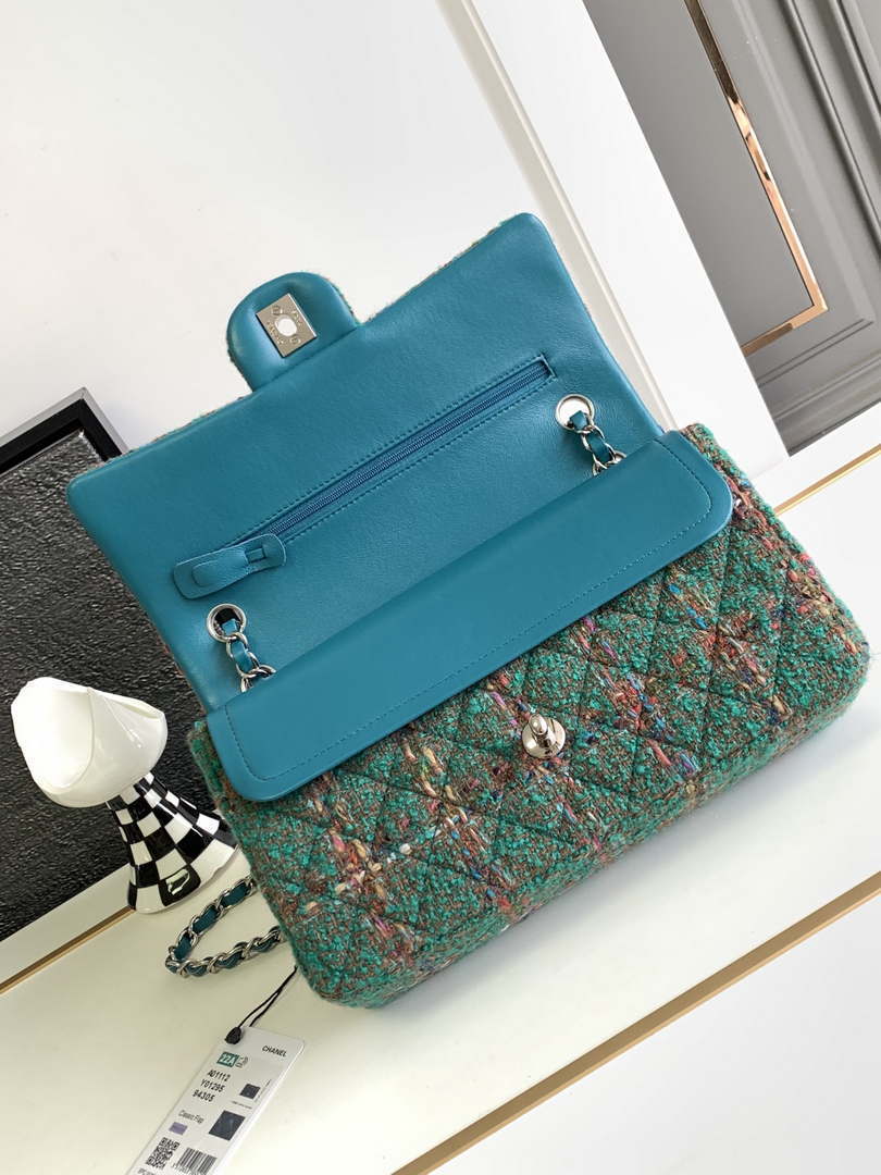 Chanel A01112 Flap Classic Handbag Tweed & Silver-Tone Metal Green - Default Title - View 6