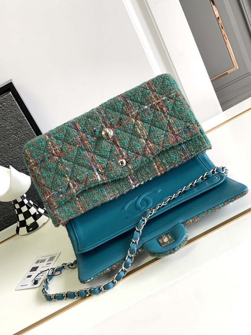 Chanel A01112 Flap Classic Handbag Tweed & Silver-Tone Metal Green - Default Title - View 7