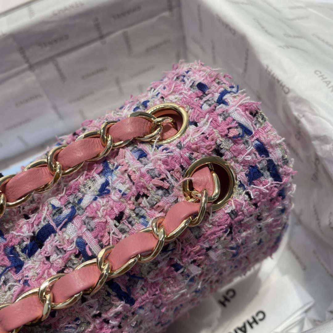 Chanel A01112 Flap Classic Handbag Tweed & Gold-Tone Metal Pink