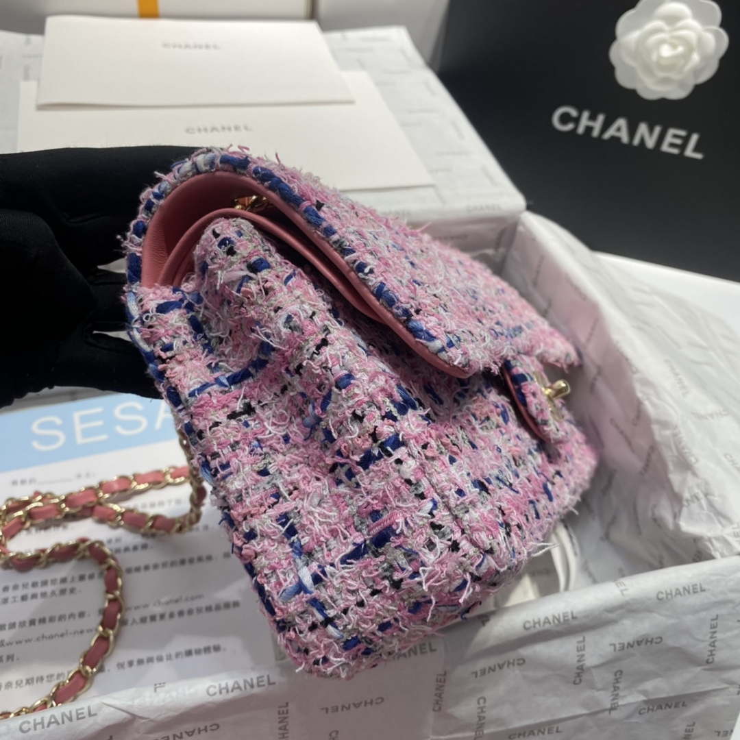 Chanel A01112 Flap Classic Handbag Tweed & Gold-Tone Metal Pink - Default Title - View 6
