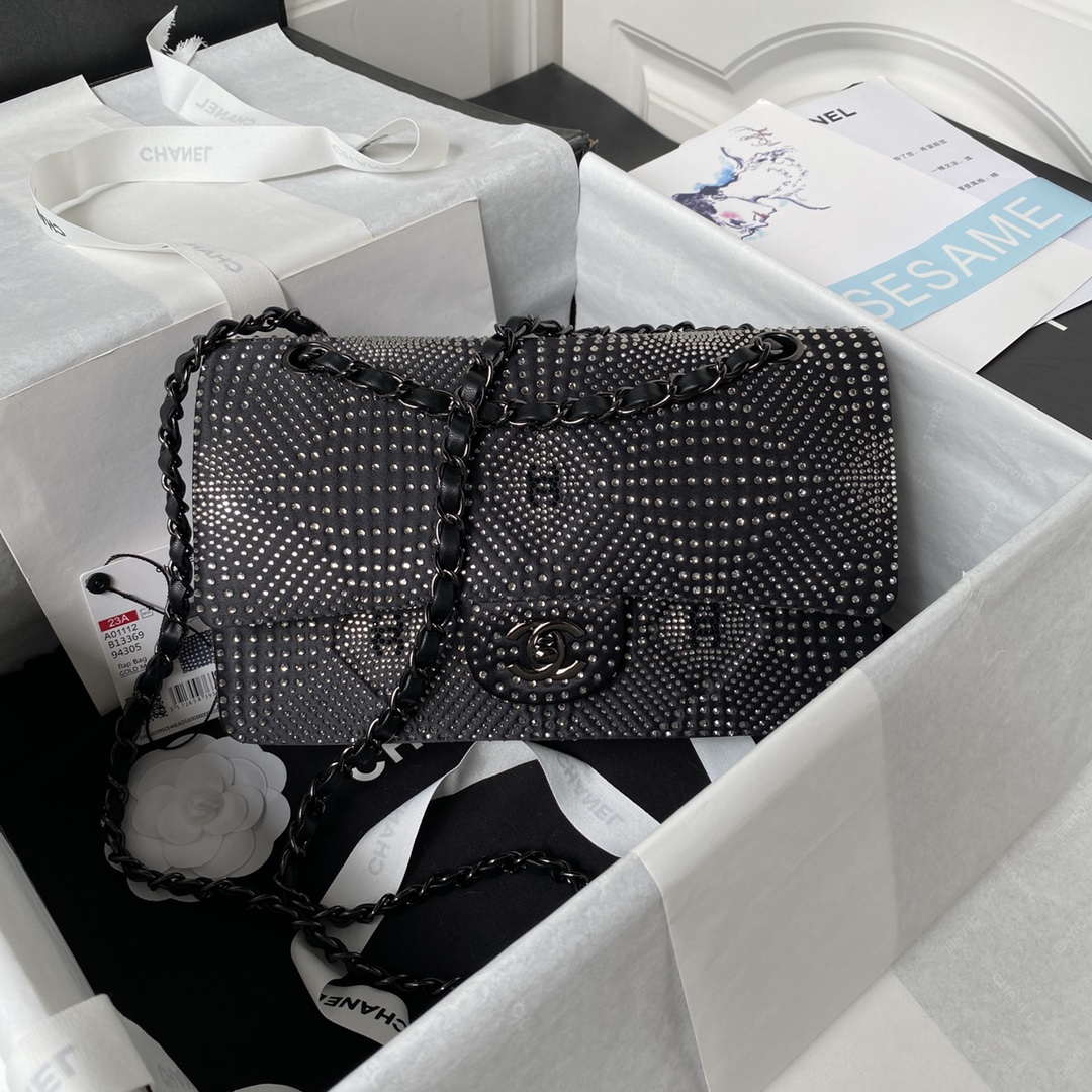 Chanel A01112 Flap Classic Handbag Velvet Crystal pearl Black - Default Title - View 1