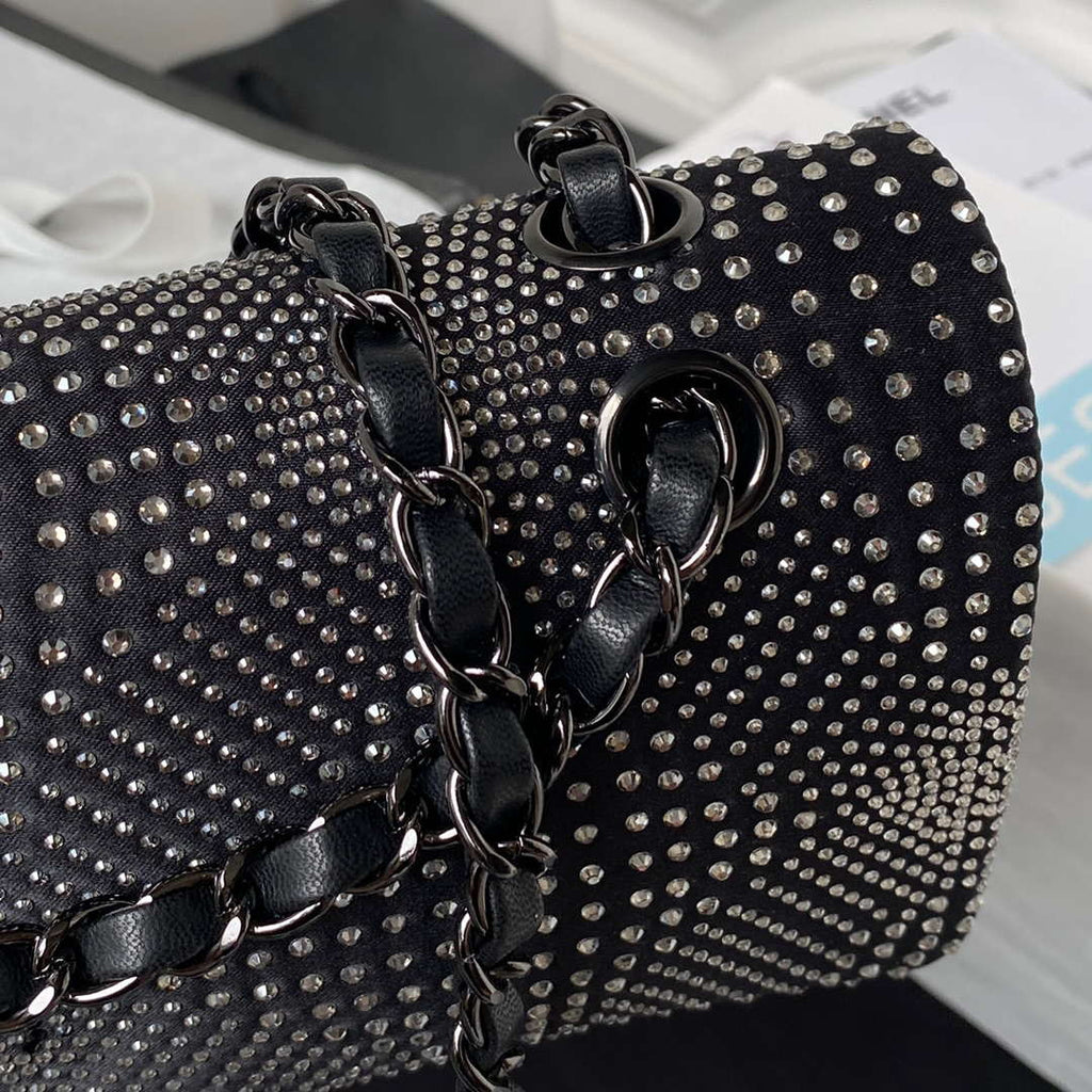 Chanel A01112 Flap Classic Handbag Velvet Crystal pearl Black