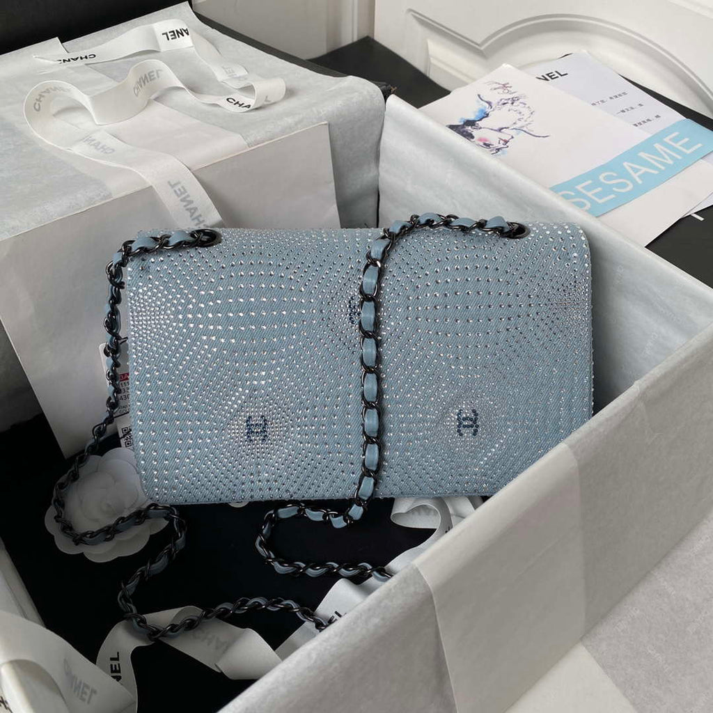 Chanel A01112 Flap Classic Handbag Velvet Crystal pearl Blue