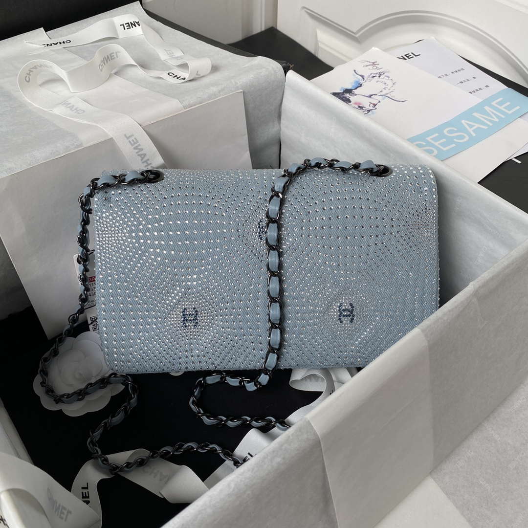 Chanel A01112 Flap Classic Handbag Velvet Crystal pearl Blue - Default Title - View 2