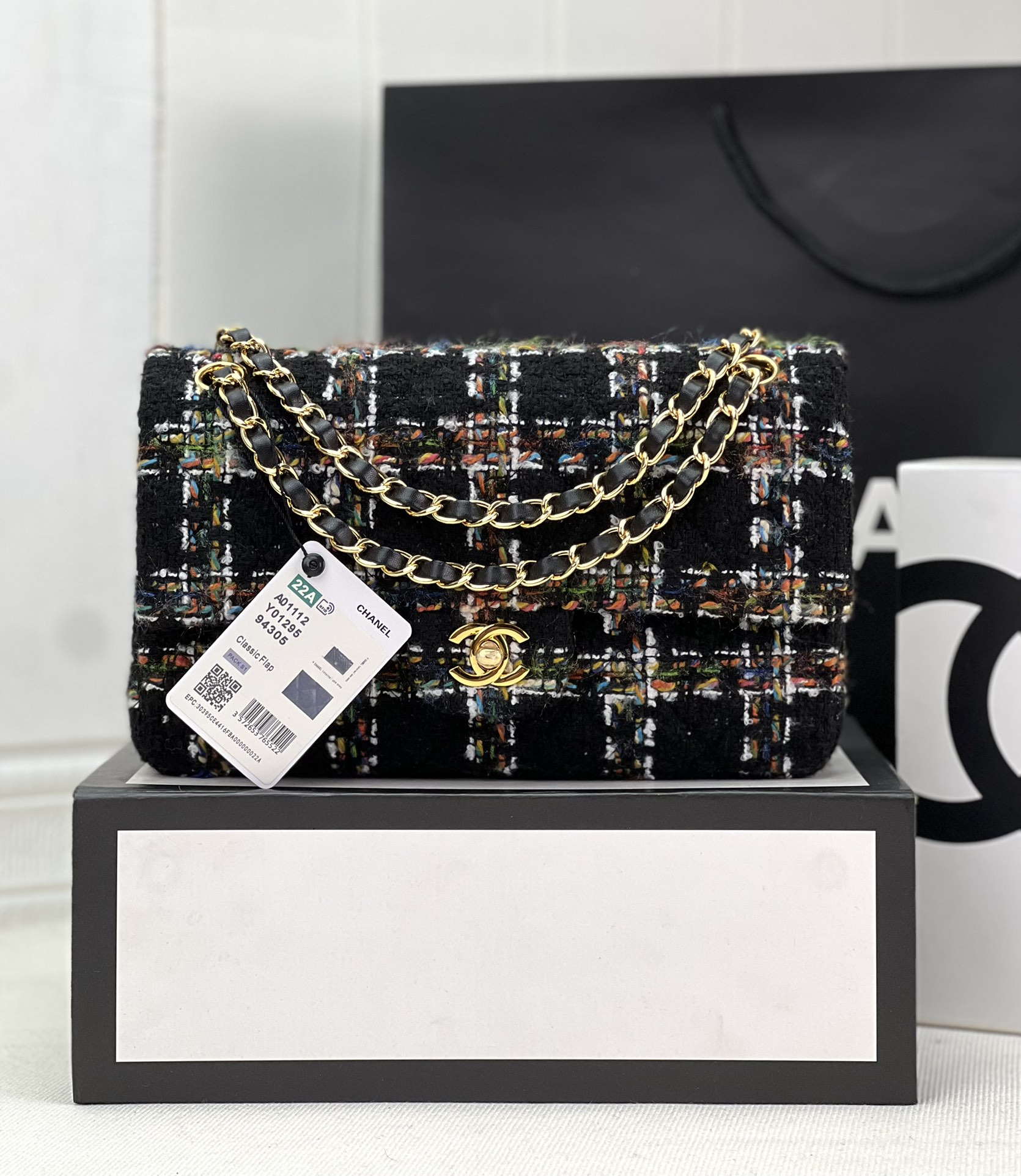 Chanel A01112 Flap Classic Handbag Woolen & Gold-Tone Metal Black - Default Title - View 1