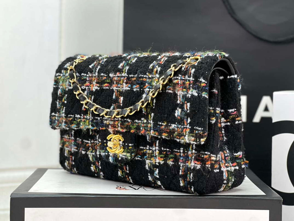 Chanel A01112 Flap Classic Handbag Woolen & Gold-Tone Metal Black