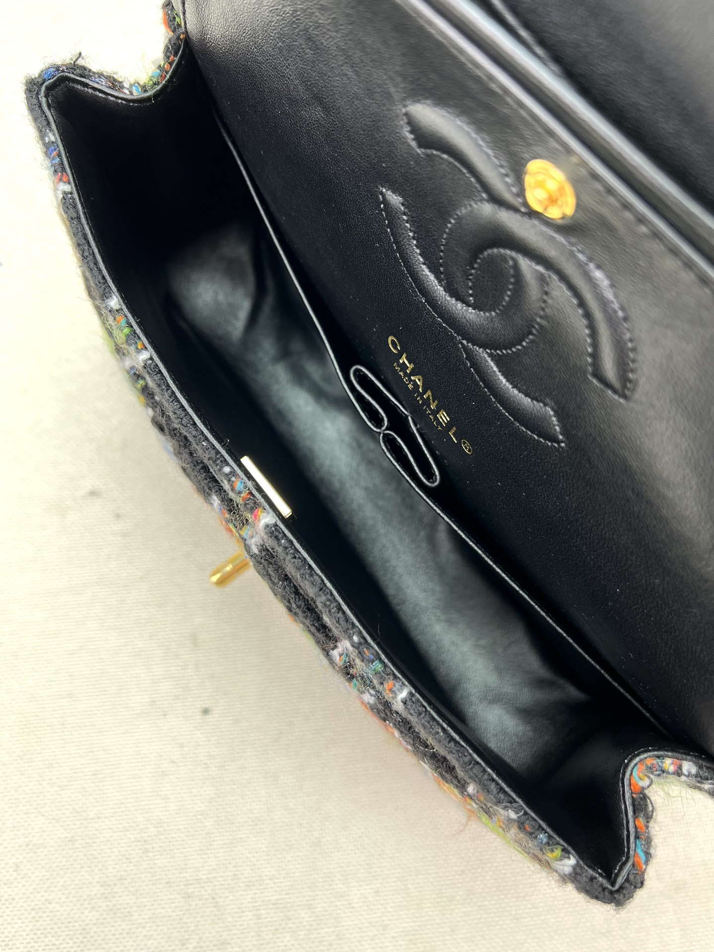 Chanel A01112 Flap Classic Handbag Woolen & Gold-Tone Metal Black - Default Title - View 7