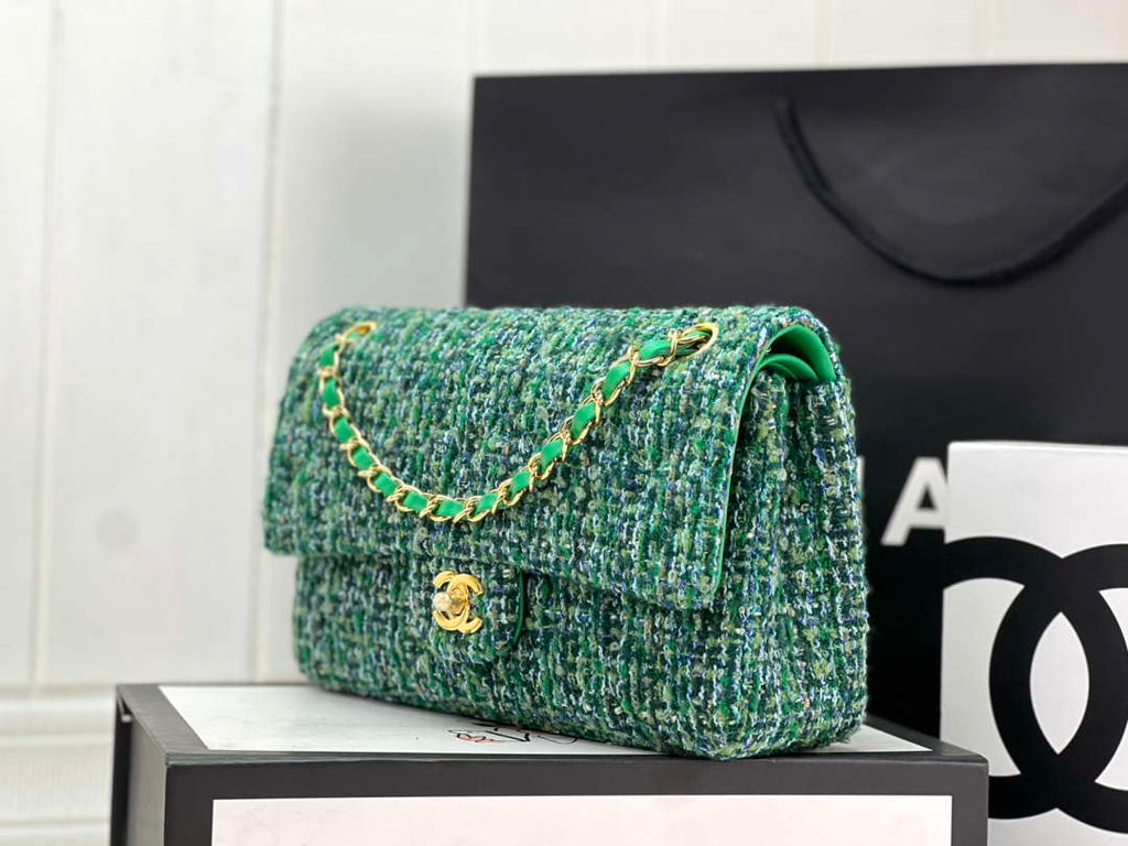 Chanel A01112 Flap Classic Handbag Woolen & Gold-Tone Metal Green