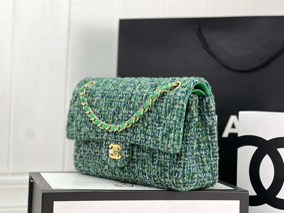 Chanel A01112 Flap Classic Handbag Woolen & Gold-Tone Metal Green
