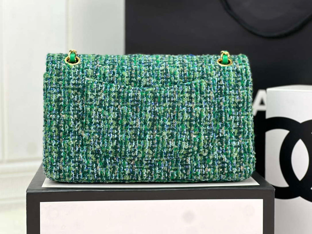 Chanel A01112 Flap Classic Handbag Woolen & Gold-Tone Metal Green