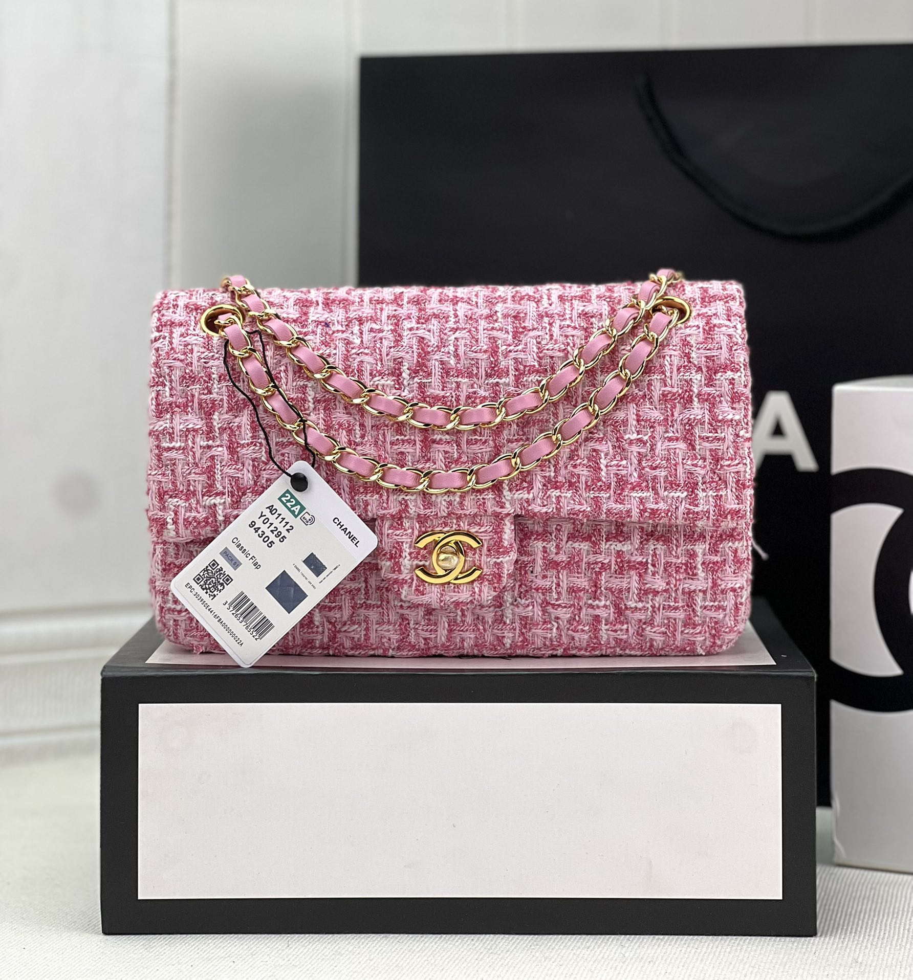 Chanel A01112 Flap Classic Handbag Woolen & Gold-Tone Metal Pink - Default Title - View 1