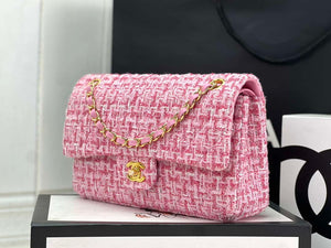 Chanel A01112 Flap Classic Handbag Woolen & Gold-Tone Metal Pink - Default Title - View 2