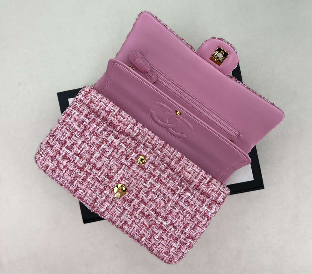 Chanel A01112 Flap Classic Handbag Woolen & Gold-Tone Metal Pink - Default Title - View 6