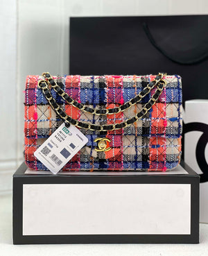 Chanel A01112 Flap Classic Handbag Woolen & Gold-Tone Metal Pink & Blue - Default Title - View 1