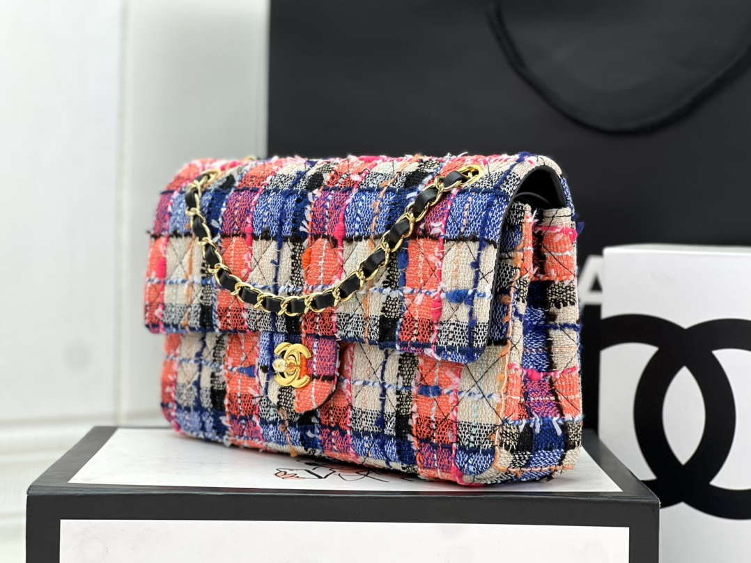 Chanel A01112 Flap Classic Handbag Woolen & Gold-Tone Metal Pink & Blue
