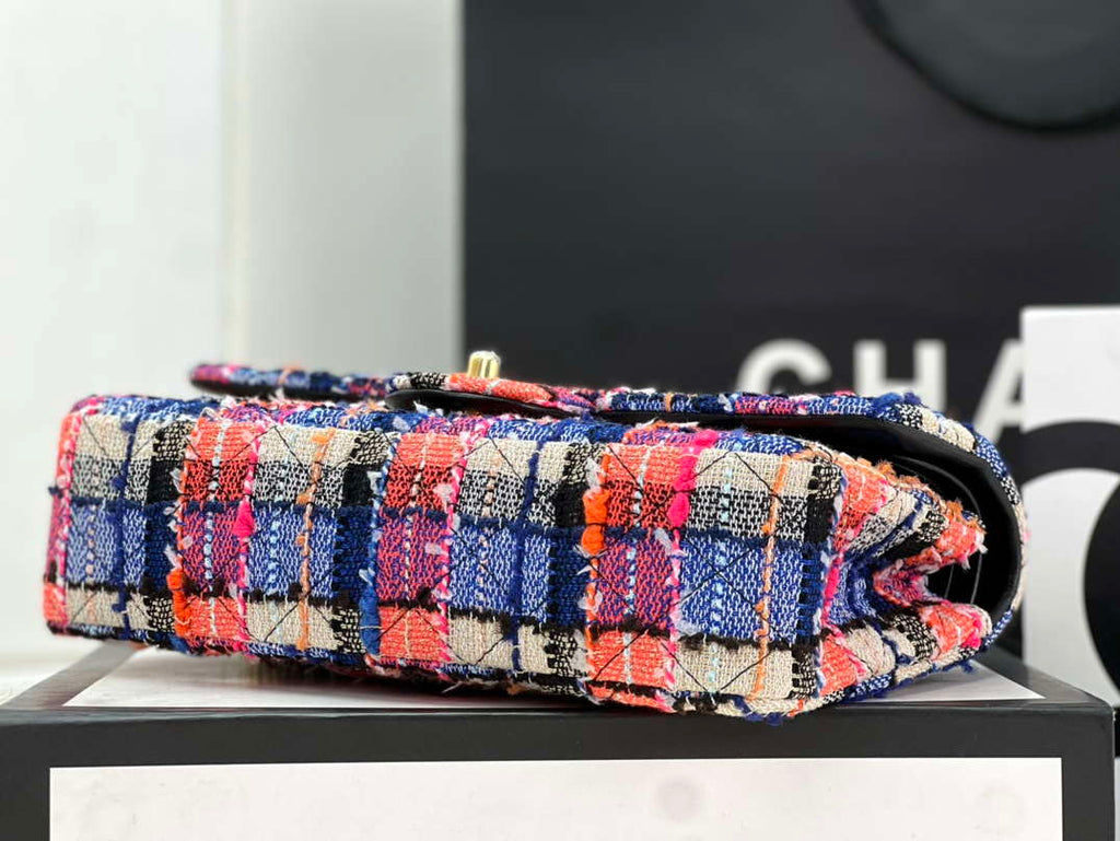 Chanel A01112 Flap Classic Handbag Woolen & Gold-Tone Metal Pink & Blue