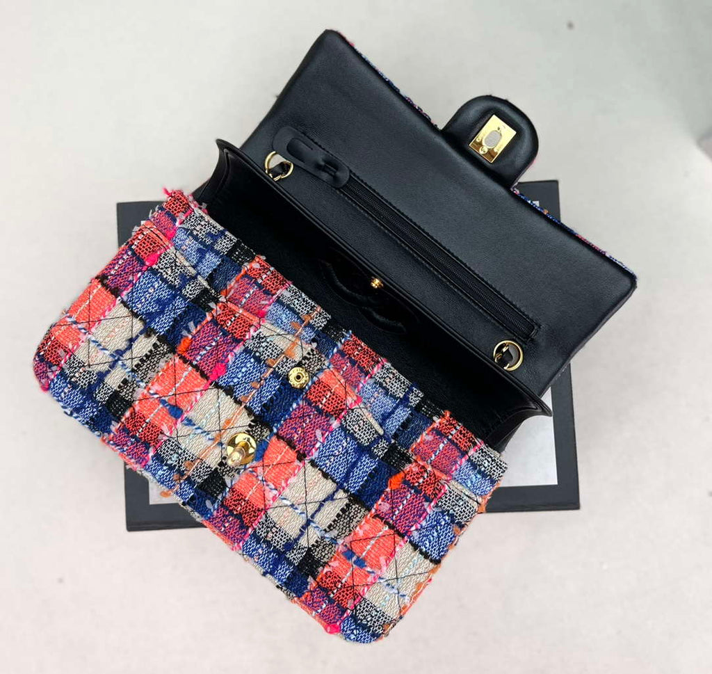 Chanel A01112 Flap Classic Handbag Woolen & Gold-Tone Metal Pink & Blue