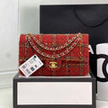 Chanel A01112 Flap Classic Handbag Woolen & Gold-Tone Metal Red - Default Title - View 1
