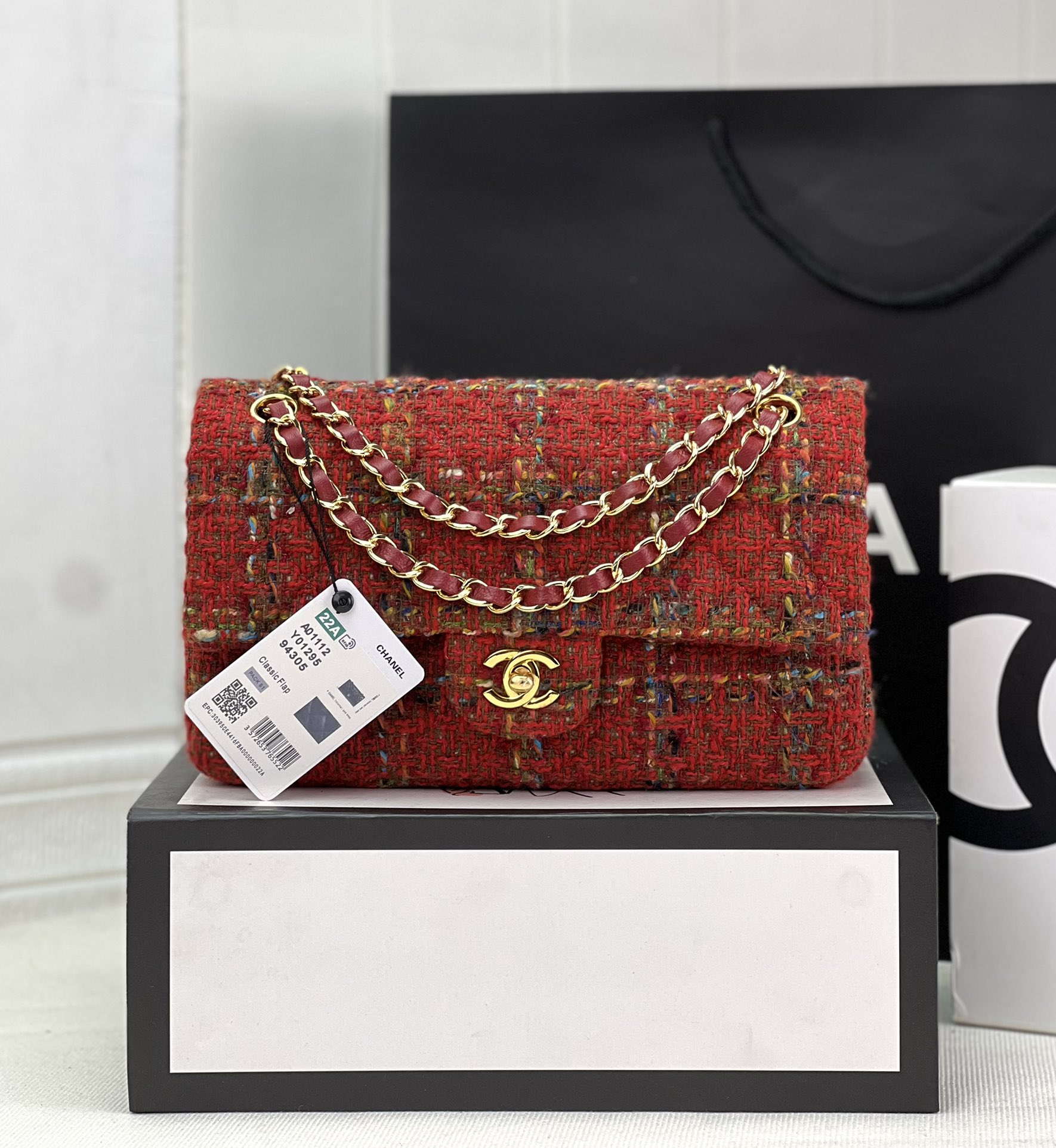 Chanel A01112 Flap Classic Handbag Woolen & Gold-Tone Metal Red - Default Title - View 1