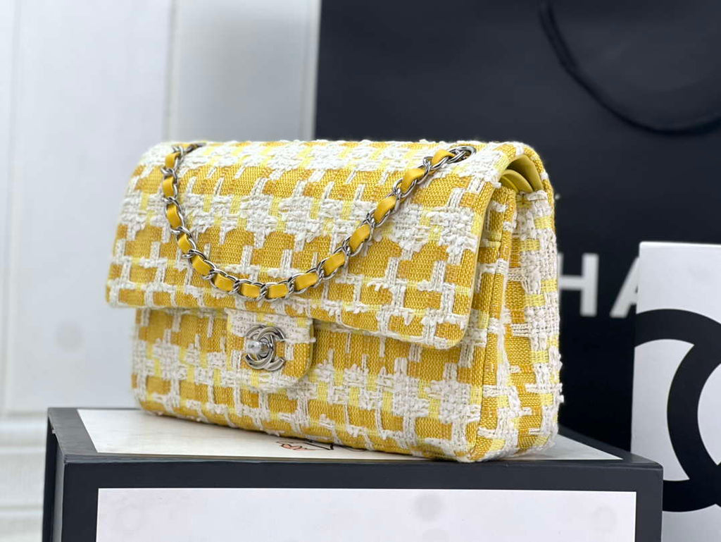 Chanel A01112 Flap Classic Handbag Woolen & Silver-Tone Metal Yellow