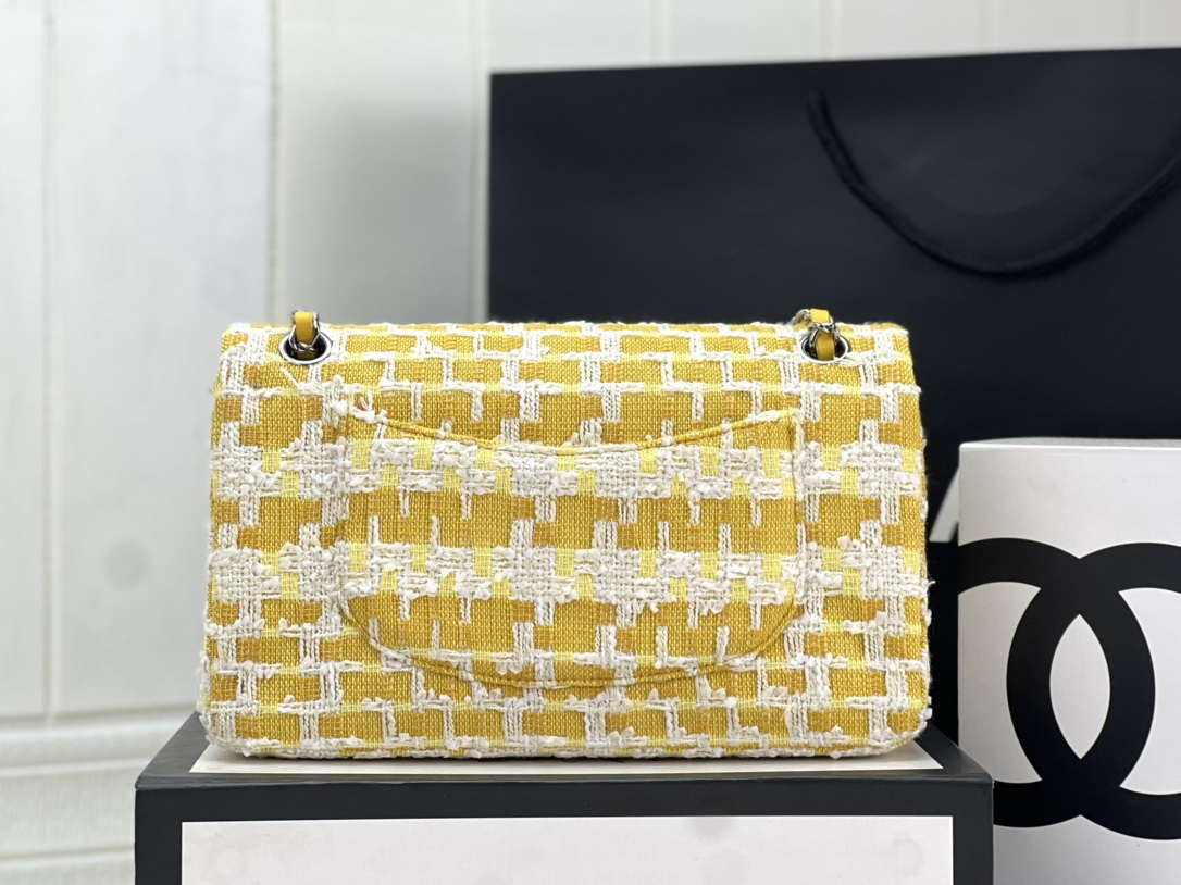 Chanel A01112 Flap Classic Handbag Woolen & Silver-Tone Metal Yellow