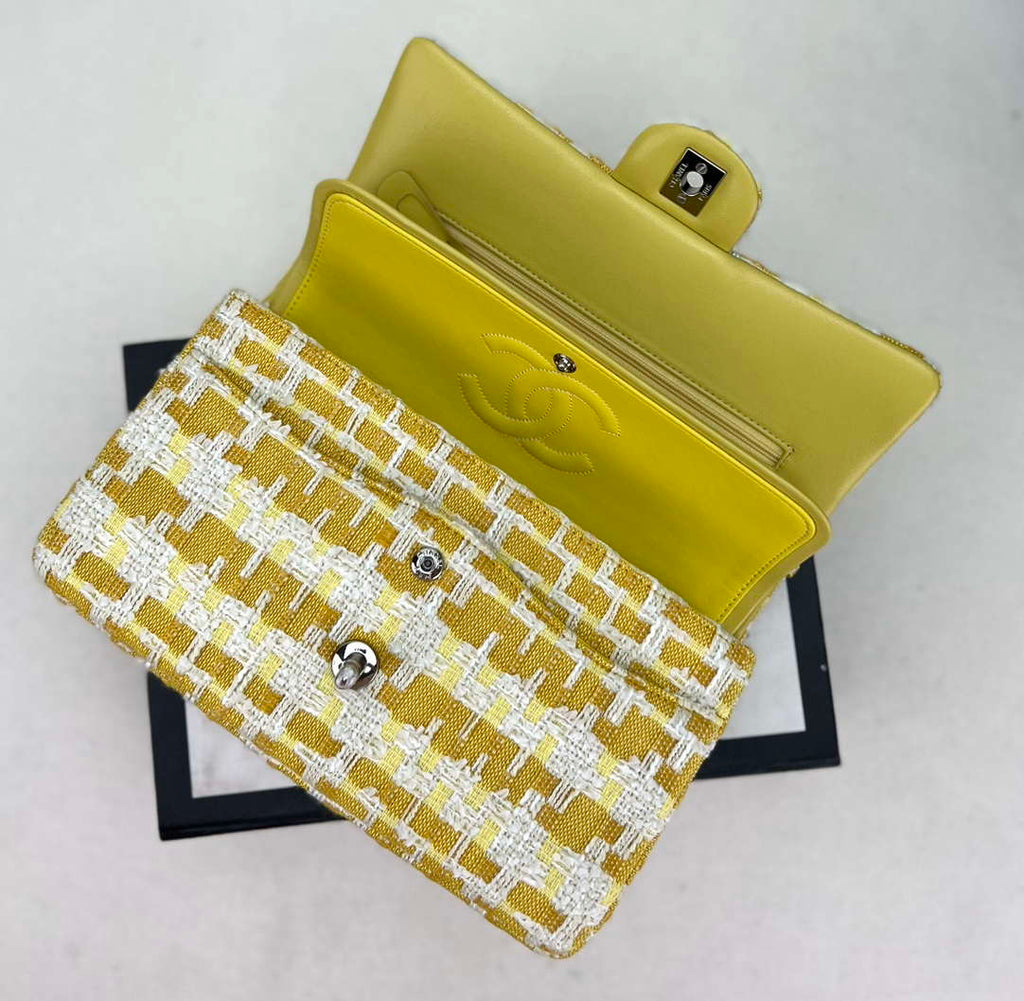 Chanel A01112 Flap Classic Handbag Woolen & Silver-Tone Metal Yellow