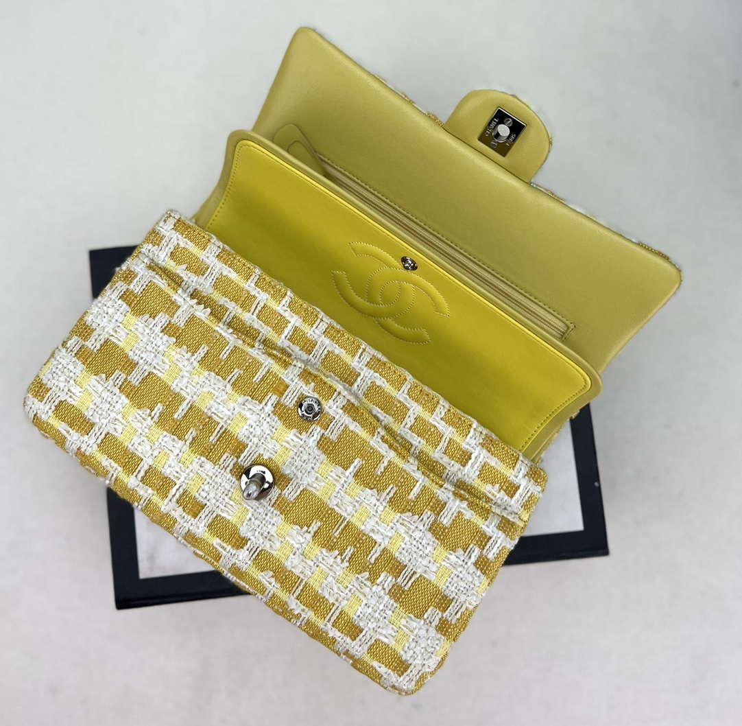 Chanel A01112 Flap Classic Handbag Woolen & Silver-Tone Metal Yellow - Default Title - View 6