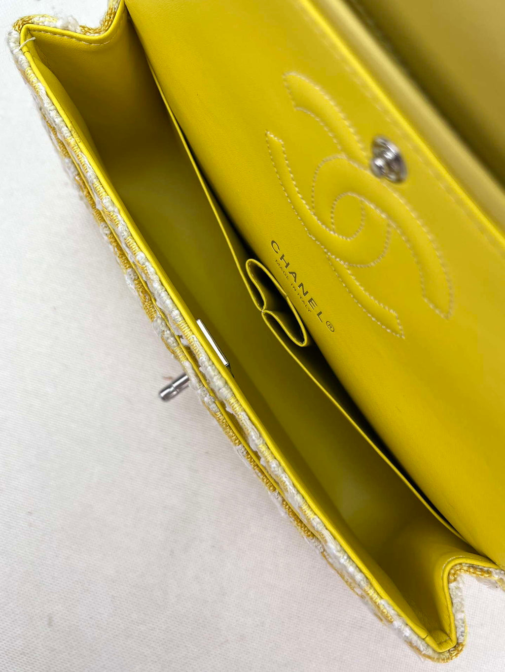 Chanel A01112 Flap Classic Handbag Woolen & Silver-Tone Metal Yellow