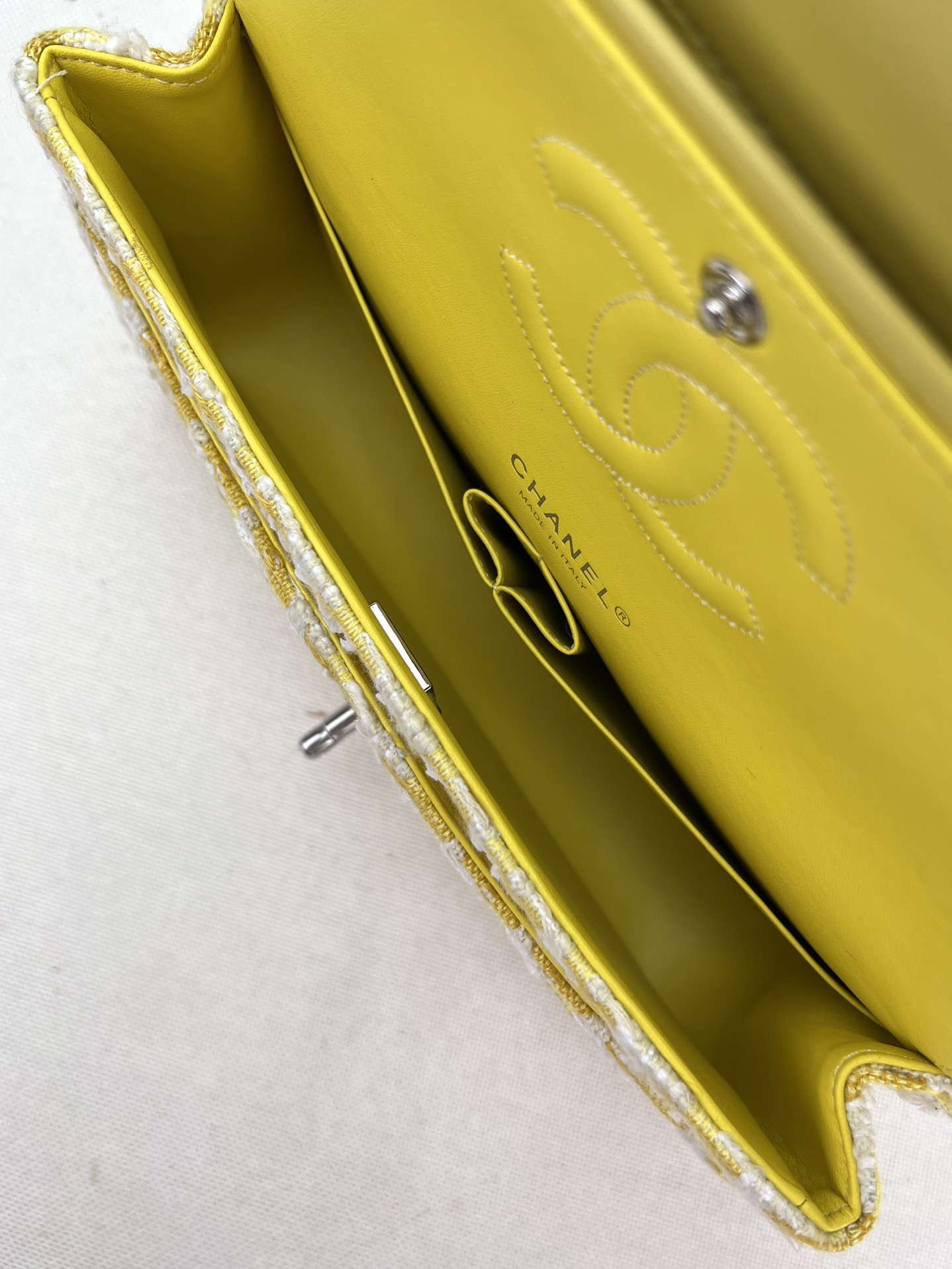 Chanel A01112 Flap Classic Handbag Woolen & Silver-Tone Metal Yellow