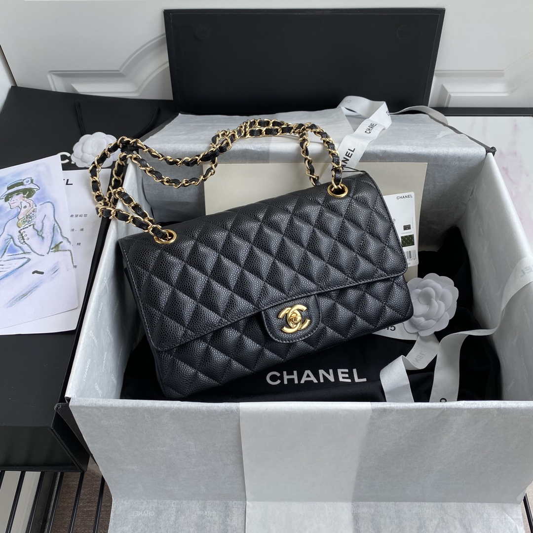 Chanel A01112 Flap Handbag Classic bag Grained shiny Calfskin Black Gold - Default Title - View 1