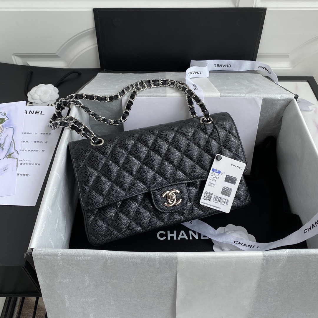 Chanel A01112 Flap Handbag Classic bag Grained shiny Calfskin Black Silver - Default Title - View 1