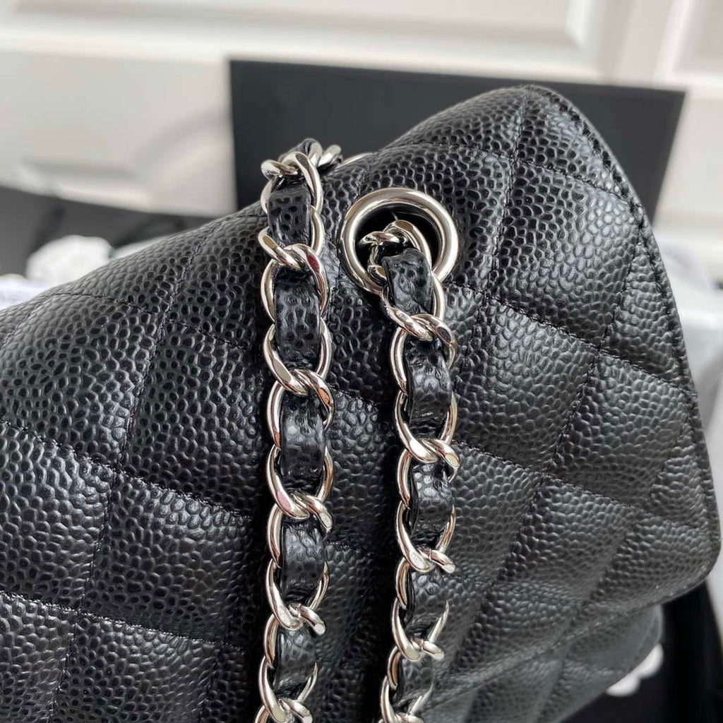 Chanel A01112 Flap Handbag Classic bag Grained shiny Calfskin Black Silver