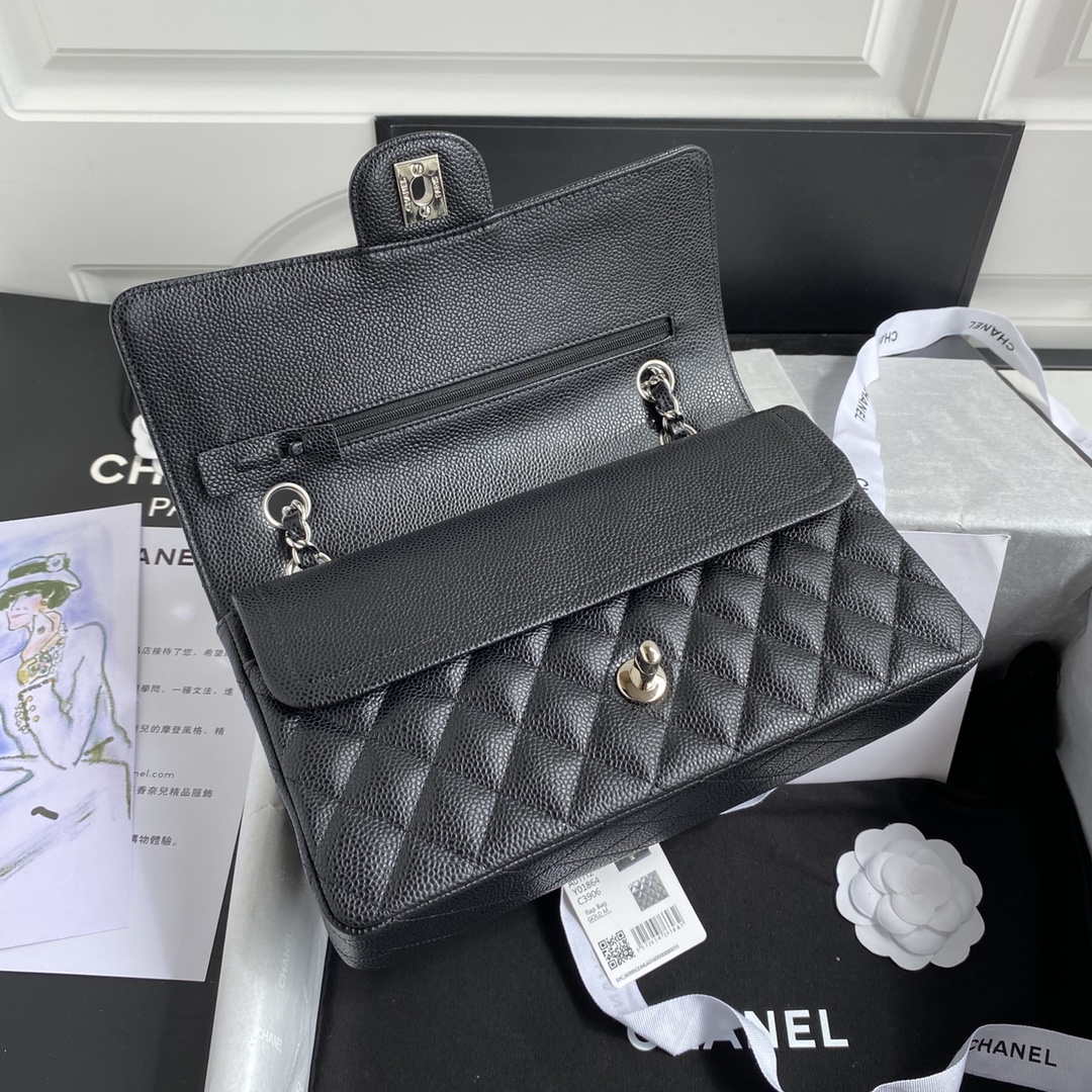 Chanel A01112 Flap Handbag Classic bag Grained shiny Calfskin Black Silver