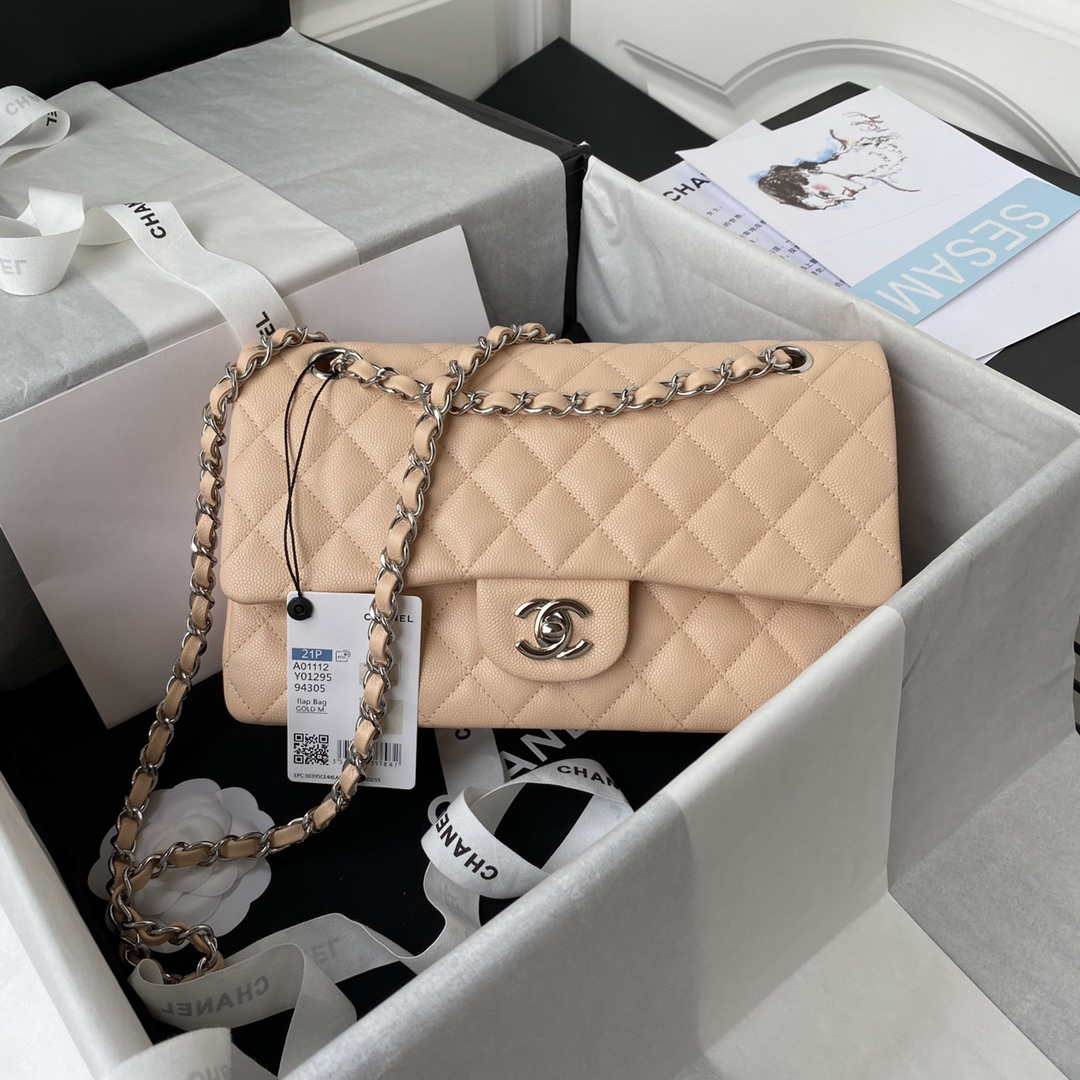 Chanel A01112 Flap Handbag Classic bag Grained shiny Calfskin Black Apricot Pink Silver - Default Title - View 1