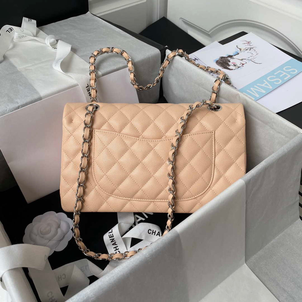 Chanel A01112 Flap Handbag Classic bag Grained shiny Calfskin Black Apricot Pink Silver