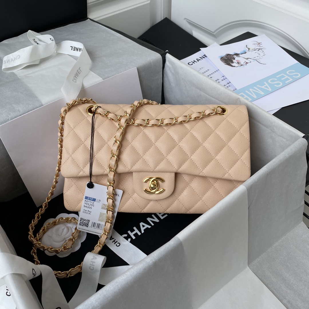 Chanel A01112 Flap Handbag Classic bag Grained shiny Calfskin Black Apricot Pink Gold - Default Title - View 1