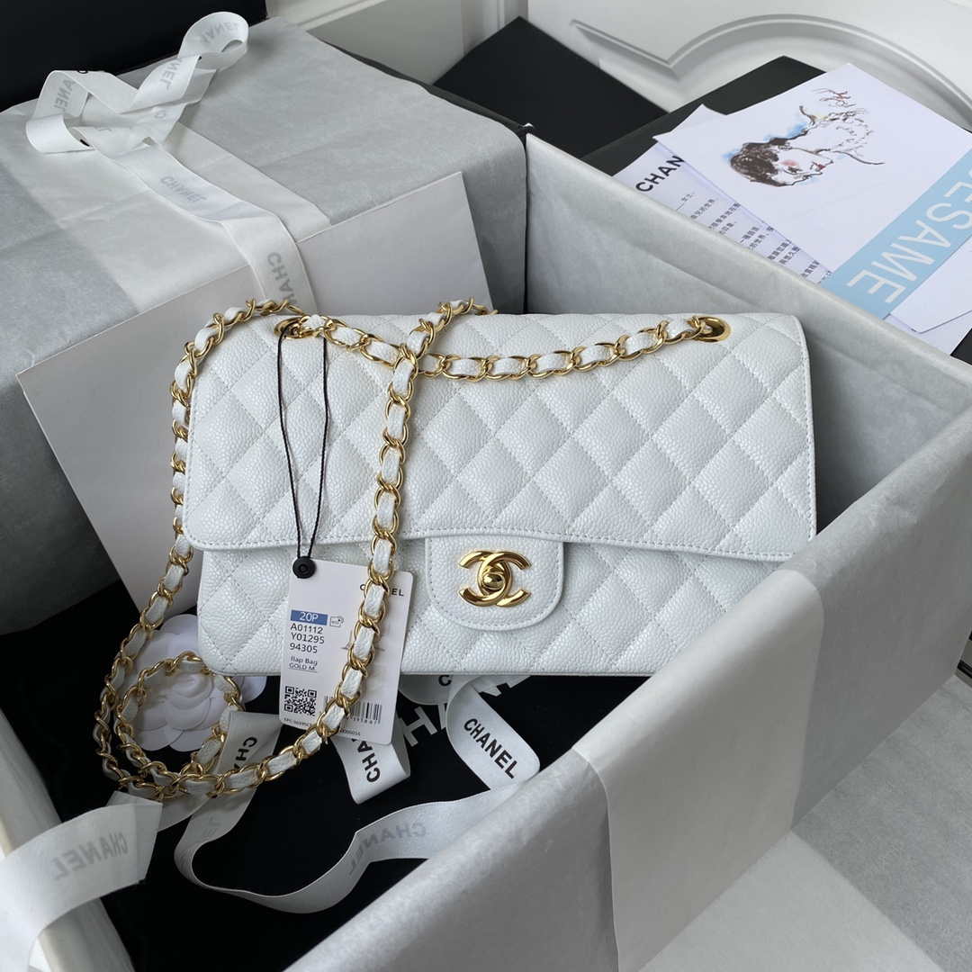 Chanel A01112 Flap Handbag Classic bag Grained shiny Calfskin White Gold - Default Title - View 1